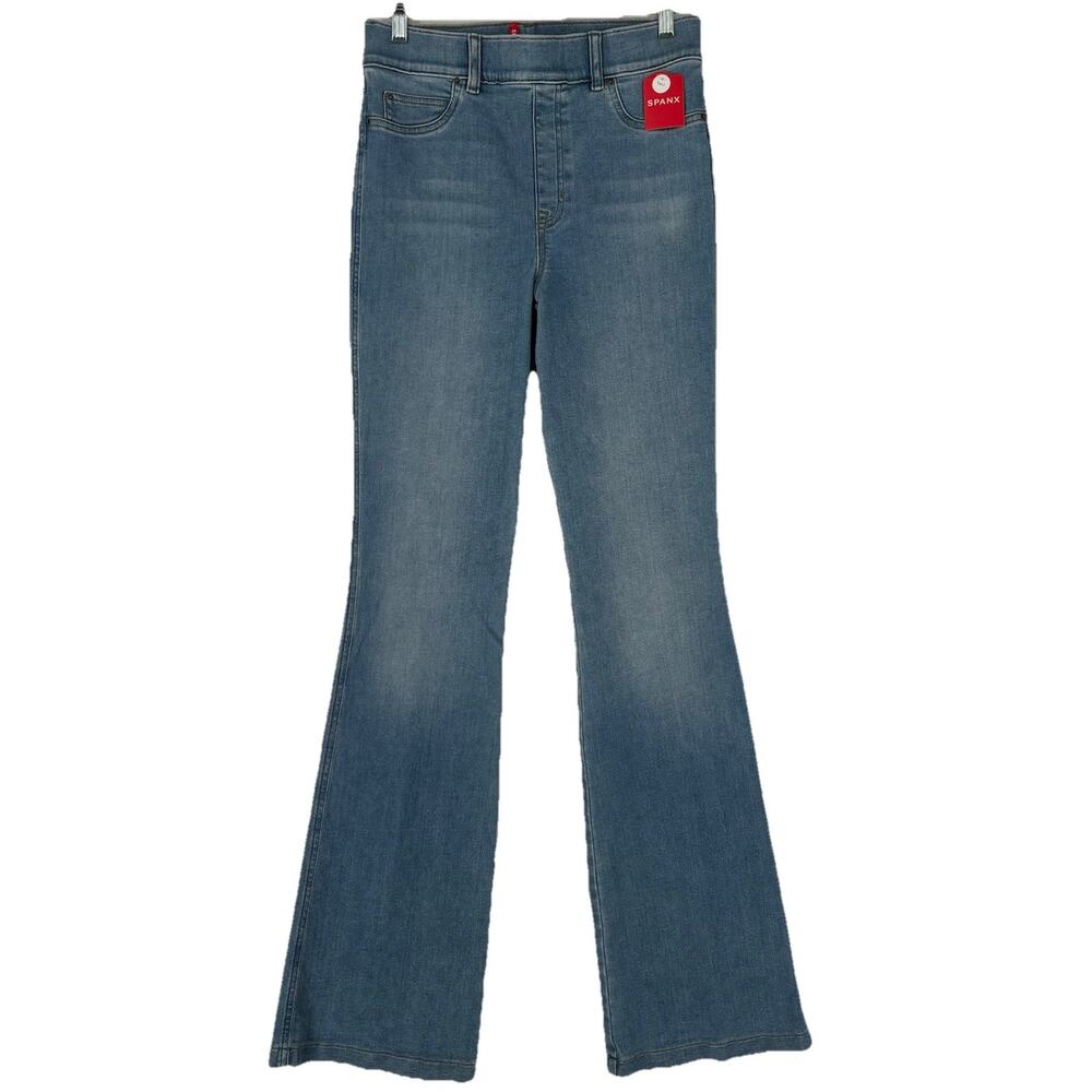 Spanx Flare Jeans Womens M Stonewashed Blue Denim Stretch High Rise Has Flaw